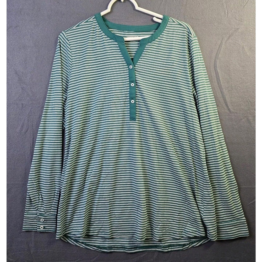 Lands End Top Womens Large Striped Henley Green‎ Stretch Modal Long Sleeve